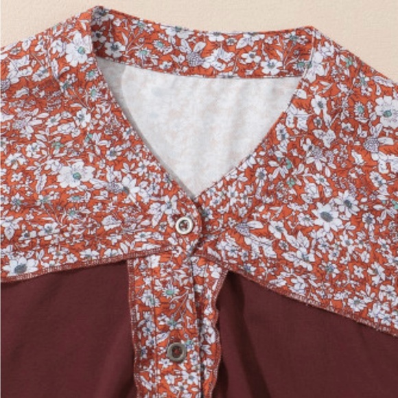 Red Floral Plaid Mixed Print Bishop Sleeve Patchwork Top - Picture 9 of 9